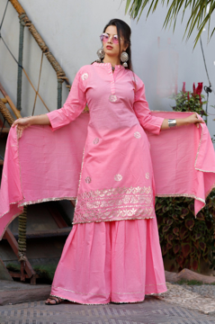 Women's Rayon Kurti with Sharara and Dupatta In Pink Color