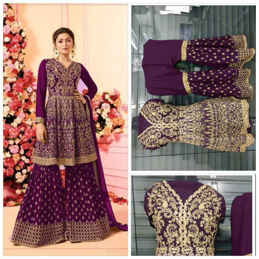 Party Wear Georgette Palazzo Suit With Embroidery Work in Purple Color