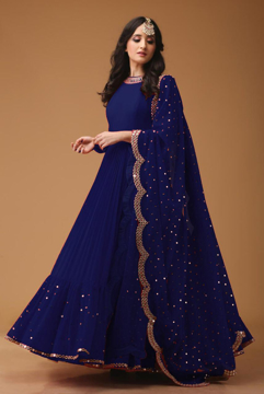 Buy Women's Georgette Semi-Stitched Gown With Foil Mirror Work in  Navy Blue Color on UdaipurBazar.com