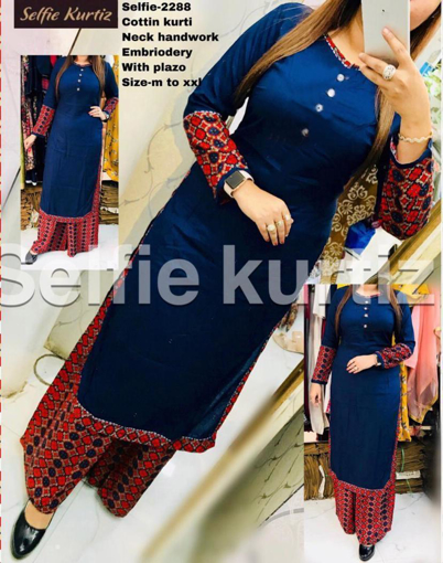 Buy Selfie Kurtis Cotton Kurti Neck Handwork Embroidered with Plazo Online at Best Prices on UdaipurBazar.com