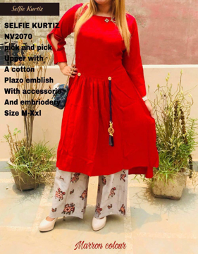 Buy Selfie Kurtis Pick and Pick Upper with A Cotton Plazo Embellish with Accessory and Embroidery Online at Best Prices on UdaipurBazar.com