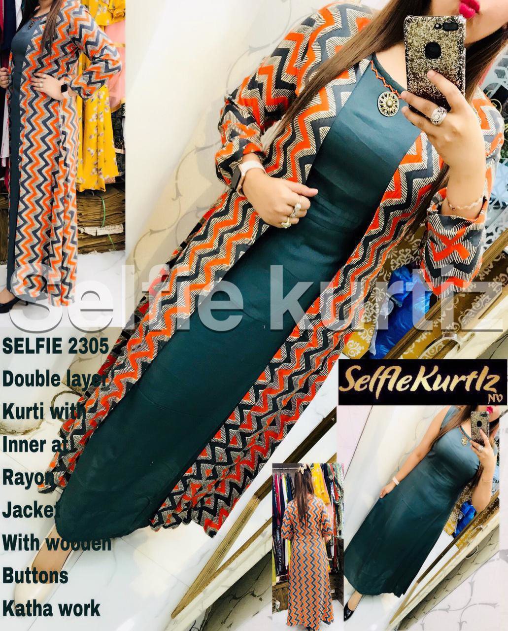 Buy Selfie Kurtis - Double Layer Kurti with Inner and Rayon Jacket with ...