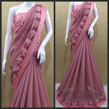 Buy Pink Color Bridal Georgette Saree with Designer Fabric Flowers and Matching Blouse Online at Best Prices on UdaipurBazar.com