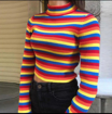 Rainbow striped knitted long sleeve turtleneck casual pullover top