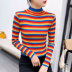Rainbow striped knitted long sleeve turtleneck casual pullover top