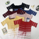 Striped knitted slash neck short sleeves winter top (yellow, blue, red, blue, maroon)