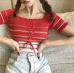 Striped knitted slash neck short sleeves winter top (yellow, blue, red, blue, maroon)