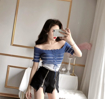 Striped knitted slash neck short sleeves winter top (yellow, blue, red, blue, maroon)