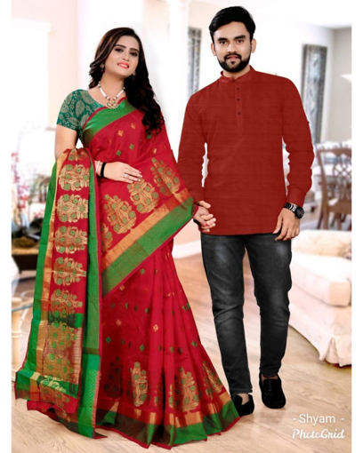 Matching Dhoti Shirt & Semi Kora Cotton Saree Couple Combo Parrot Gree
