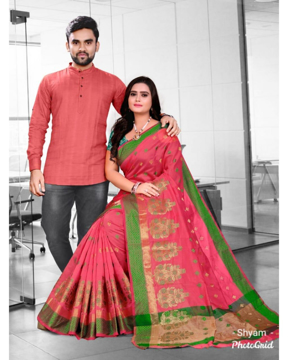 Couple combo set for party with saree for women(pink) and matching kurta for men(pink or pista)