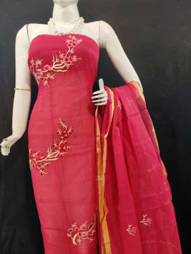 Kota Doria Embroidery Suits Dress Material Red Color