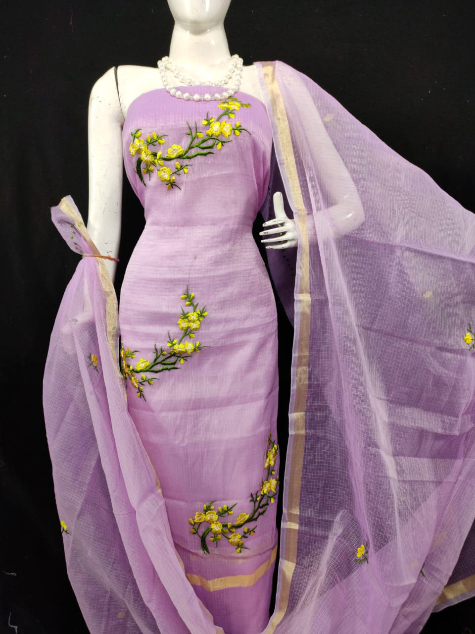 Purple - 3pc Kota Doria Silk Dress Material with Pitta Work