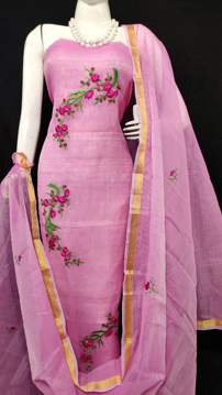Kota Doria Embroidery Suits Dress Material Purple Color