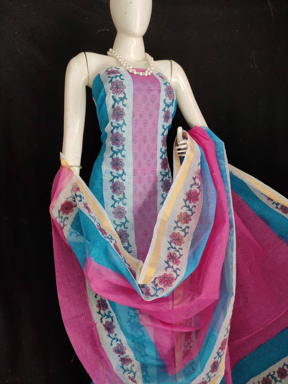 Purple - 3pc Block Print Kota Doria Cotton Bagru Unstitched Dress Material 59