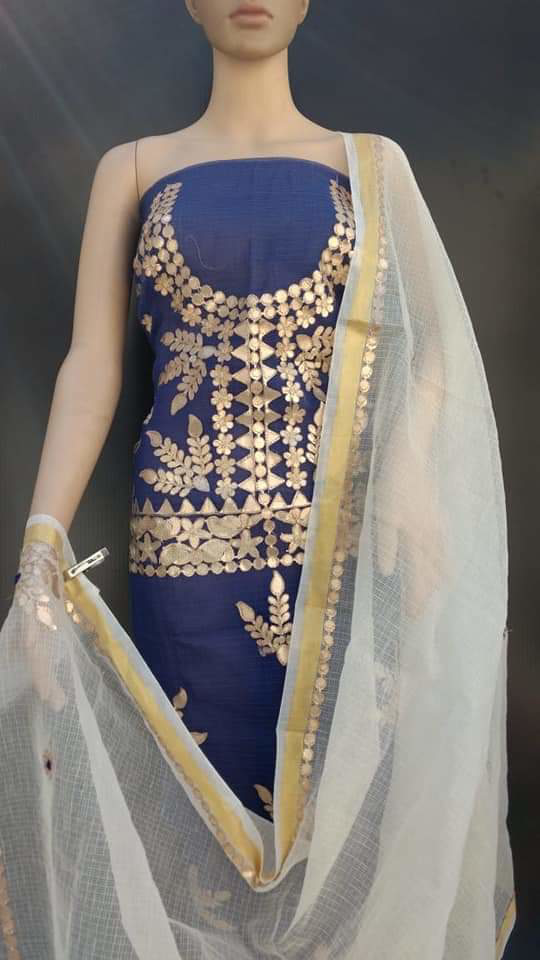 White Base Kota Doria Gota Patti Work Dress Material