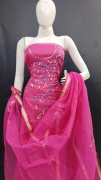 Kota Doria Handwork Suits Dress Material Pink Color