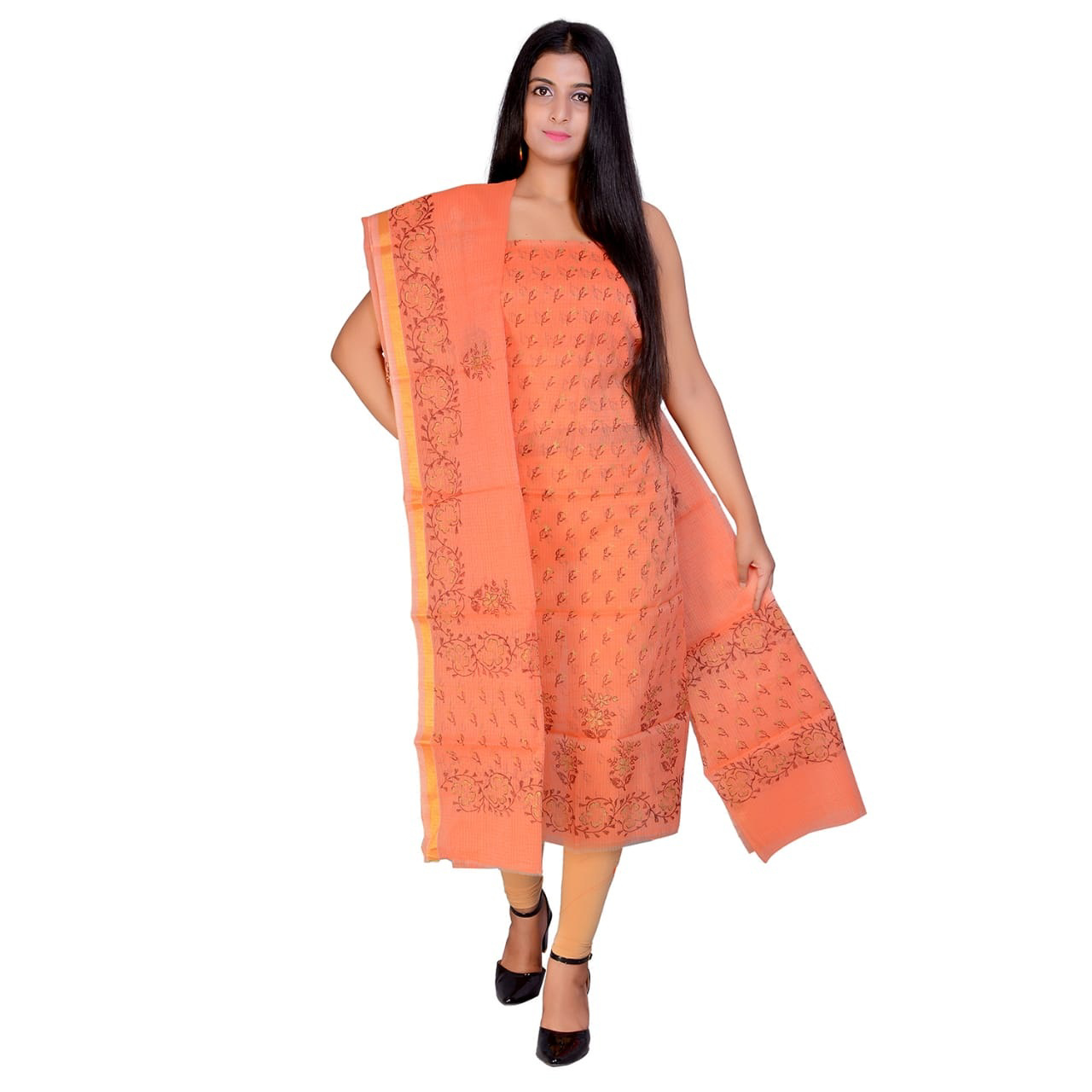 Red - 3pc Block Print Kota Doria Cotton Bagru Unstitched Dress Material 38