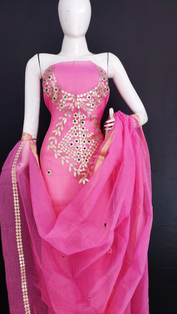 Glimmering Kota Doria Dark Pink Gota Patti Suit (T+B+D) main image 0