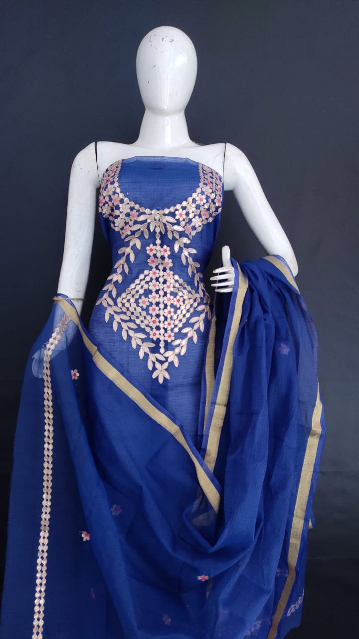 Gota Patti Kota Doria Cotton Suit for Festive Wear - Pastel Orange Color