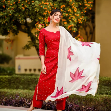 Red color  party wear kurti pants set with dupatta