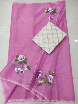 Pink color kota doria sarees with blouse piece
