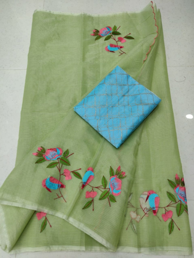 Fern green color kota doria saree with embroidery