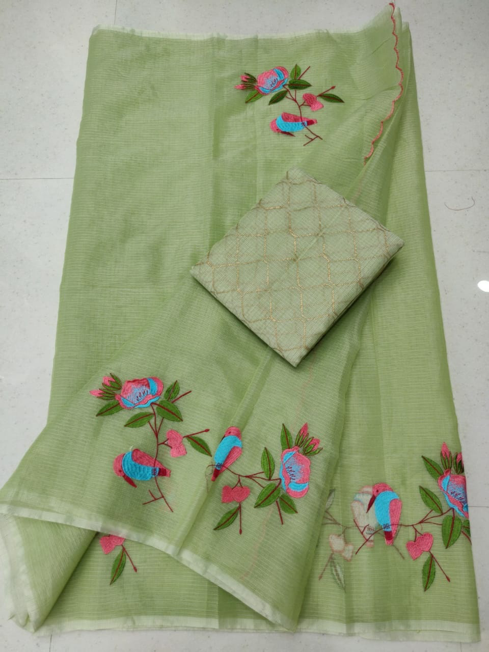 Light Green Kota Doria Chickenkari Embroidery Saree With Contrast Printed Blouse main image 1