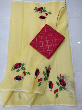Yellow Kota doria sarees for women with embroidery and blouse piece