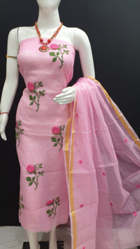 Kota Doria Suit With Rose Embroidery Work 