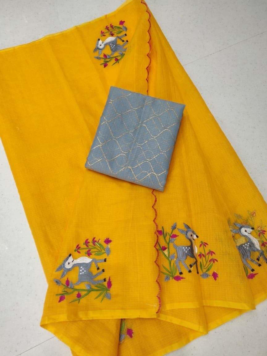 Sea Green Kota Doria Saree in Embroidery Work