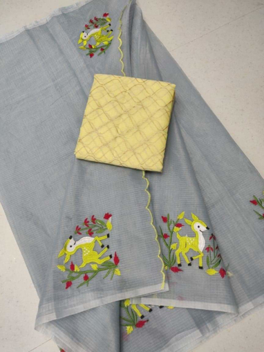  Embroidery work kota doria sarees with yellow blouse piece 