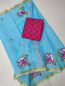 Blue Kota doria embroidery work saree with red blouse piece