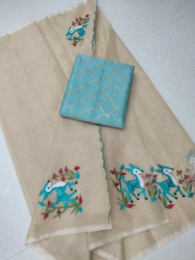  Embroidery work kota doria sarees with light blue blouse piece 