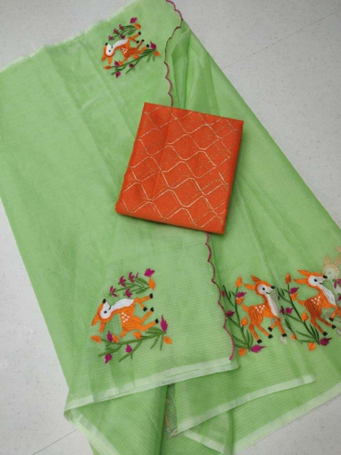 Embroidery work kota doria sarees with orange blouse piece 