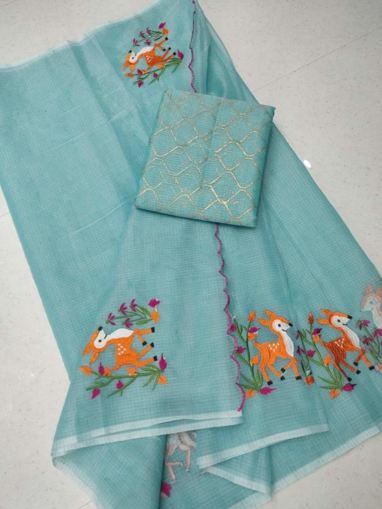 Embroidery work kota doria sarees with aero blue blouse piece