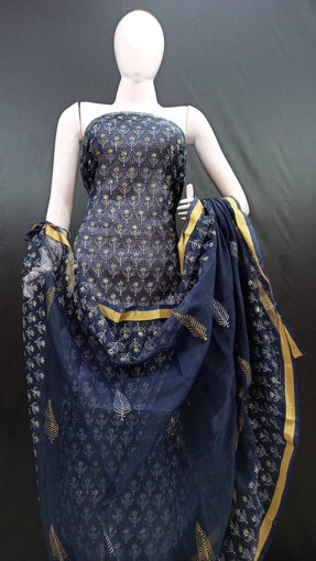 Kota doria navy blue dress material with printed top and dupatta