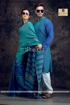 Sea green couple dress with khesh saree for women and kurta for men