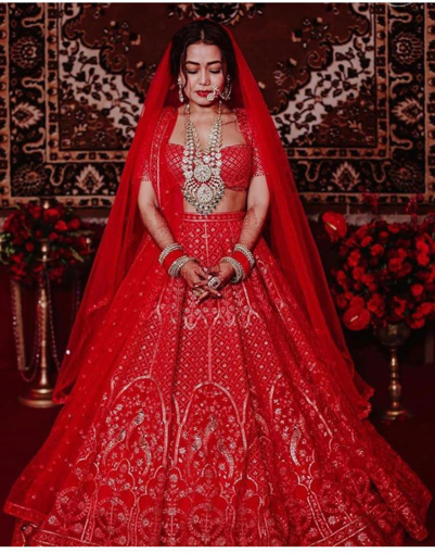 Red Lehenga With A Blouse And Dupatta And Veil - RUCERU COUTURE - 4092603