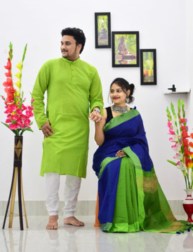 Cotton silk couple combo in Green and Blue combination