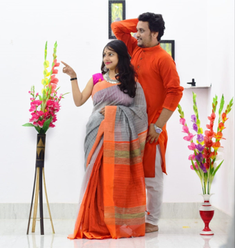 Cotton silk couple combo in Orange and Grey combination