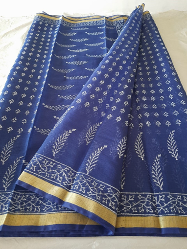 Kota Doria block print sarees in Blue