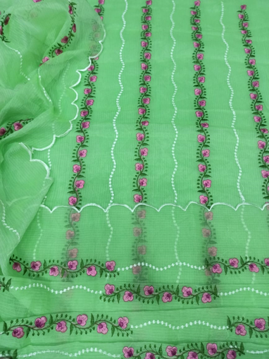 Floral embroidery Kota Doria Dress Material - Parrot Green
