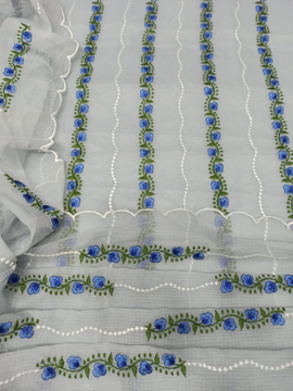 White Floral embroidery Kota Doria Dress Material
