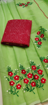 Green Kota Doria Saree with Floral Embroidery