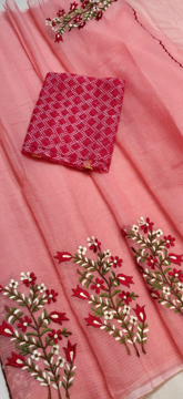 Rose Pink Kota Doria Saree with Floral Embroidery