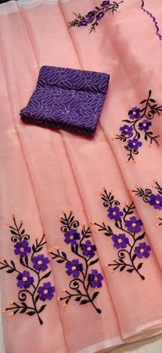 Peach Kota Doria Saree with Floral Embroidery