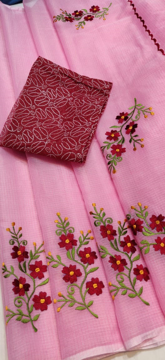 Pink Kota Doria Saree with Floral Embroidery