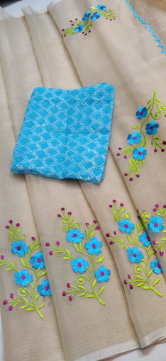 Beige Kota Doria Saree with Floral Embroidery