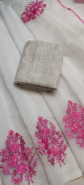 White Kota Doria Saree with Floral Embroidery - Pink