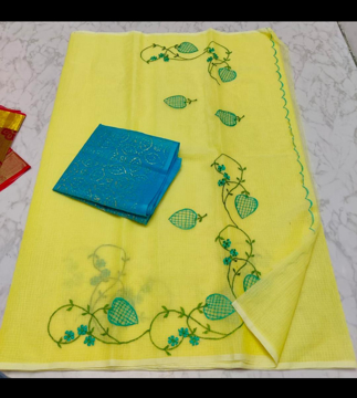 Buy Kota cotton sarees with embroidery online - yellow